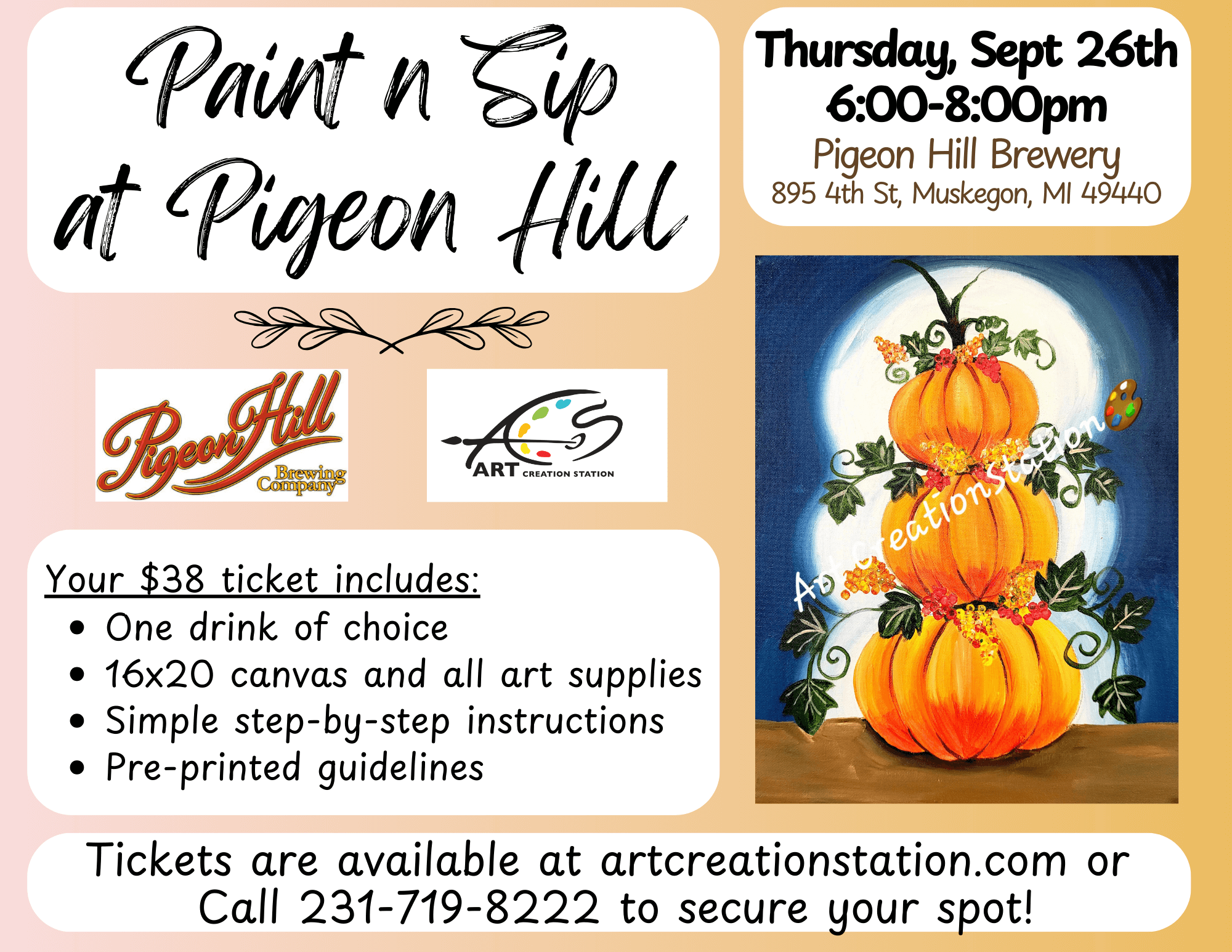 Banner for paint and sip event at Pigeon Hill's Brewer's Lounge