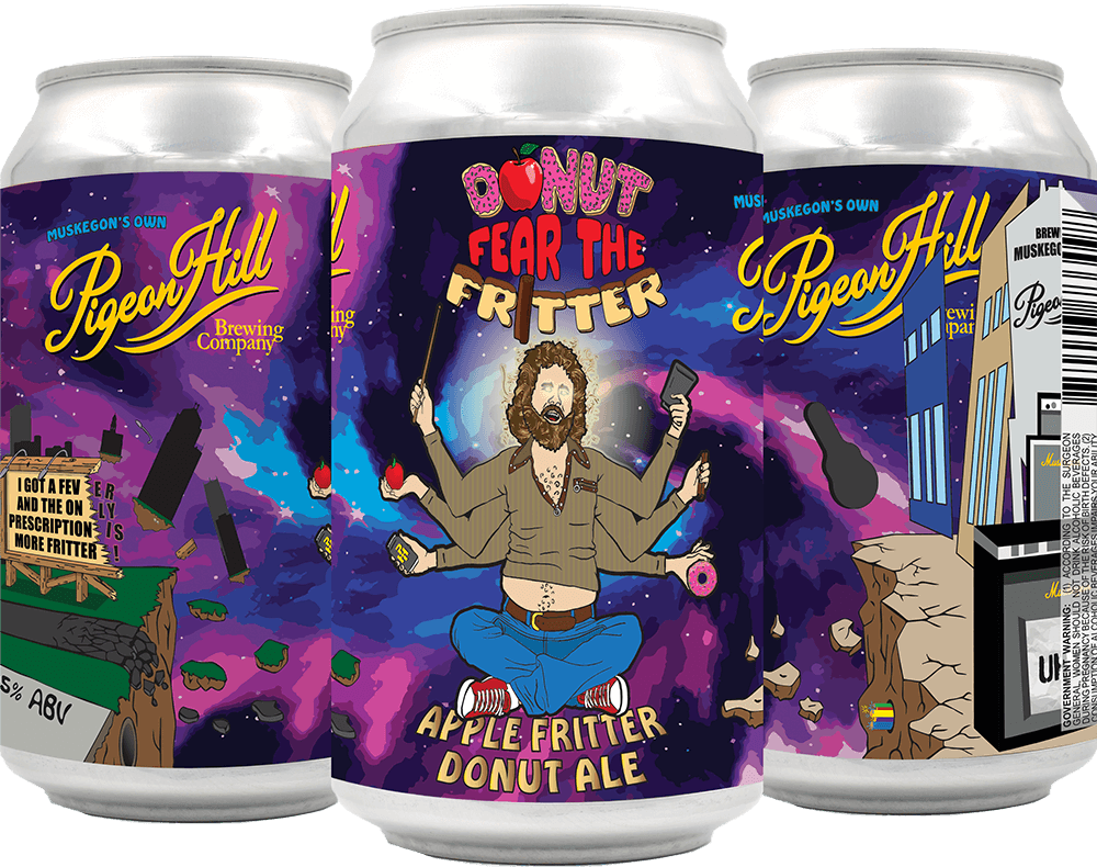 Three cans of Pigeon Hill's Donut Fear the Fritter Ale