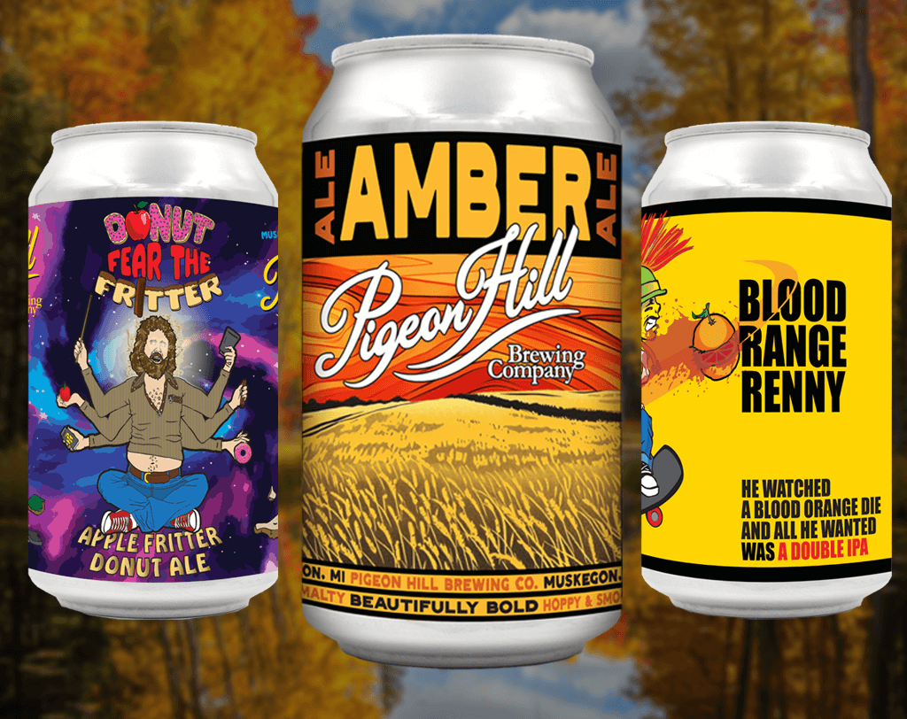 Lineup of Pigeon Hill's Fall Beer Releases including Donut Fear the Fritter, Amber Ale, and Blood Orange Renny