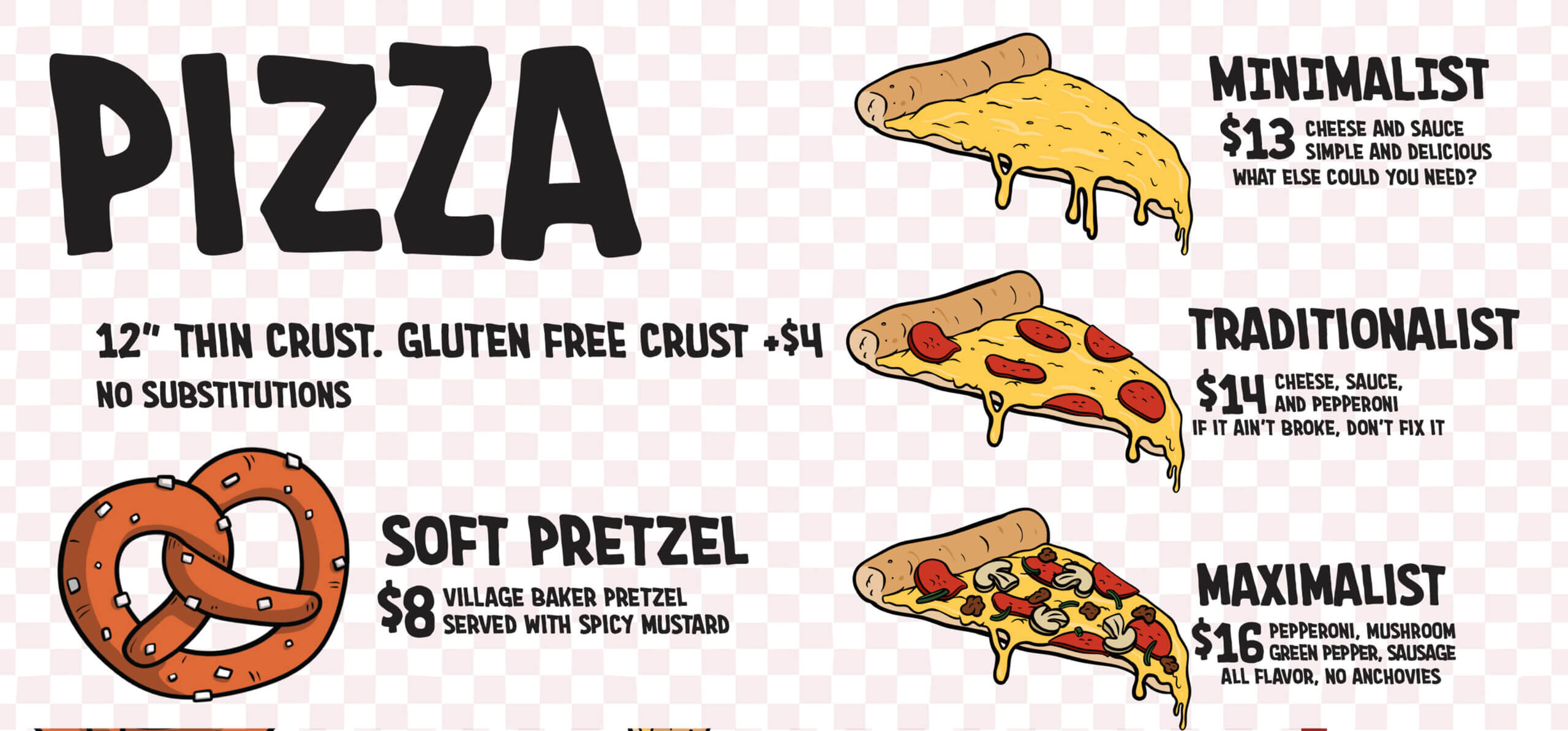 menu for the brewer's lounge with pizza and pretzels