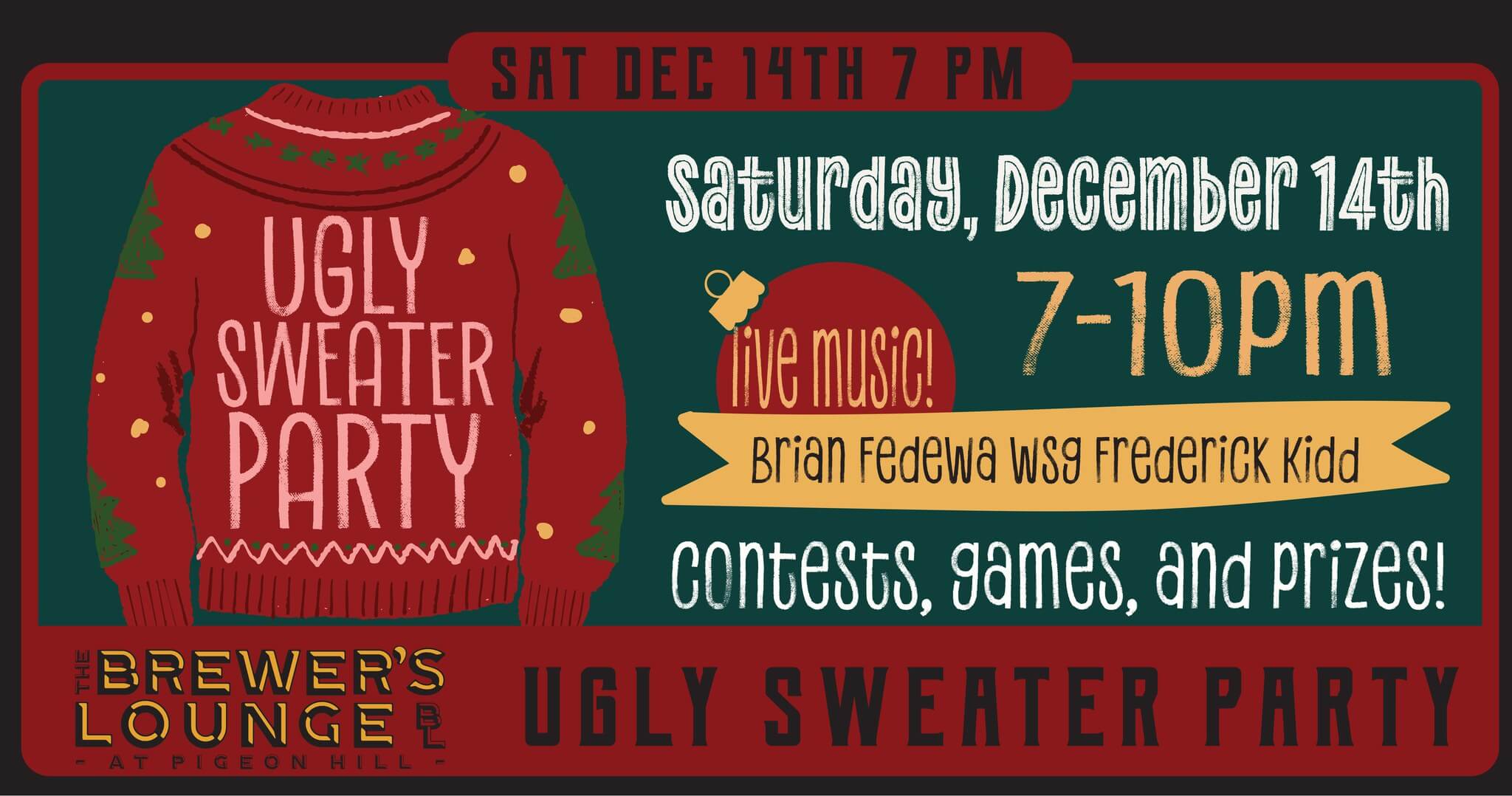 Advertisement for Pigeon Hill's ugly sweater party