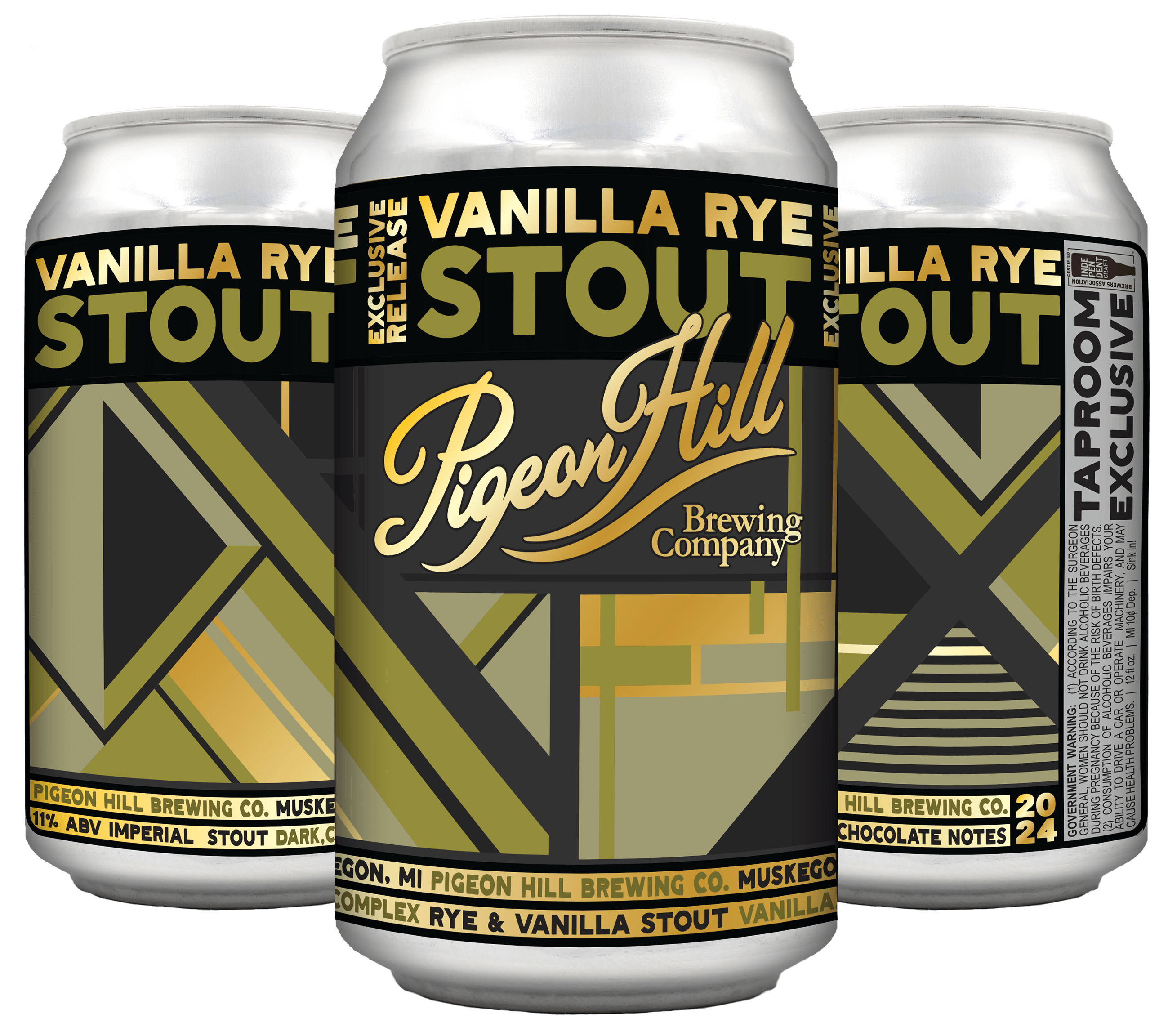 Three cans of Pigeon Hill's Vanilla Rye Imperial Stout