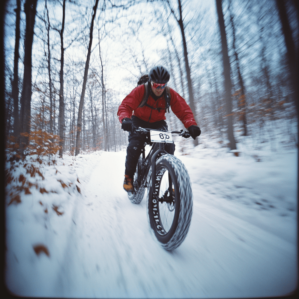 AI generated image of fat tire biker at Mosquito Creek during winter in Muskegon