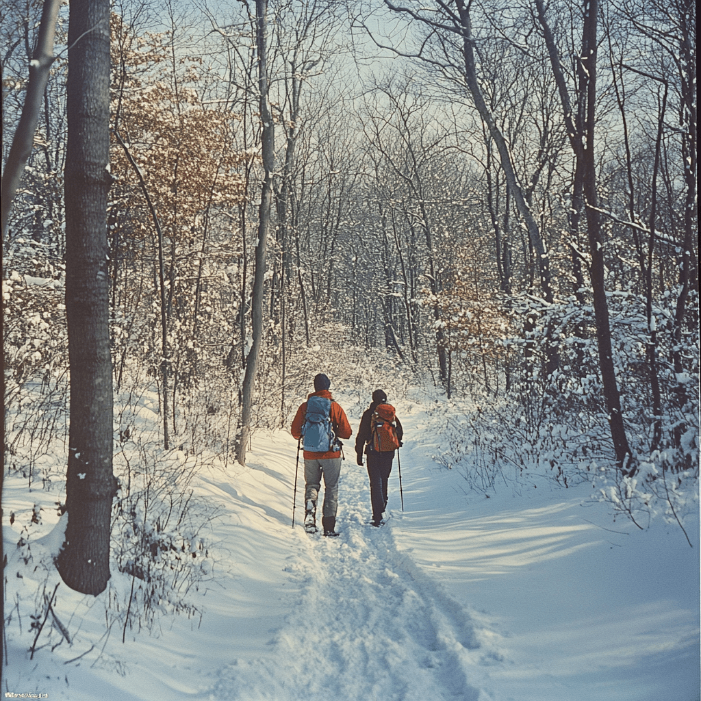 AI Generated image of two hikers on a trail in muskegon during the winter