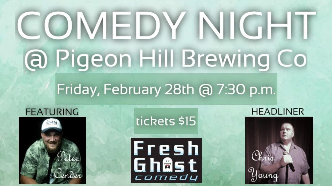 Banner advertising Pigeon Hill's comedy night at the Brewer's Lounge