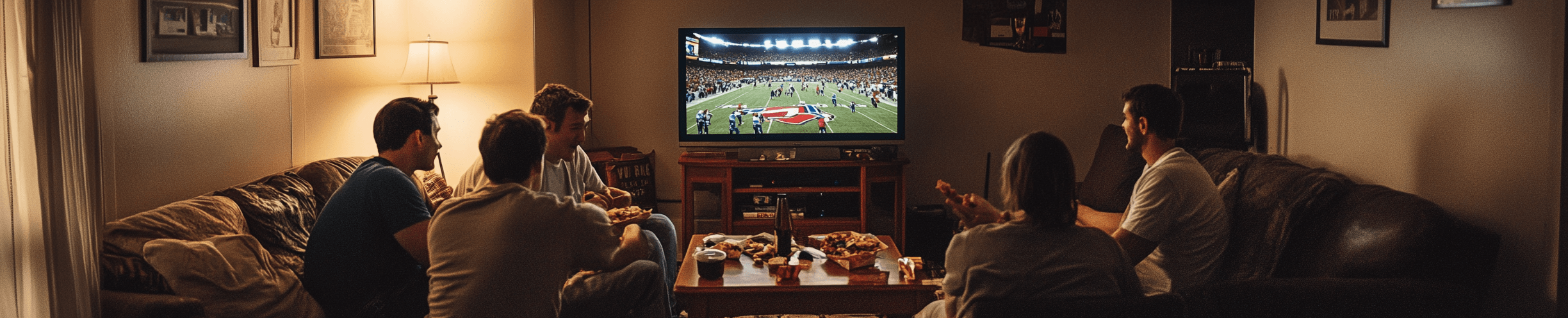 AI Generated photograph of friends eating food and watching the Super Bowl