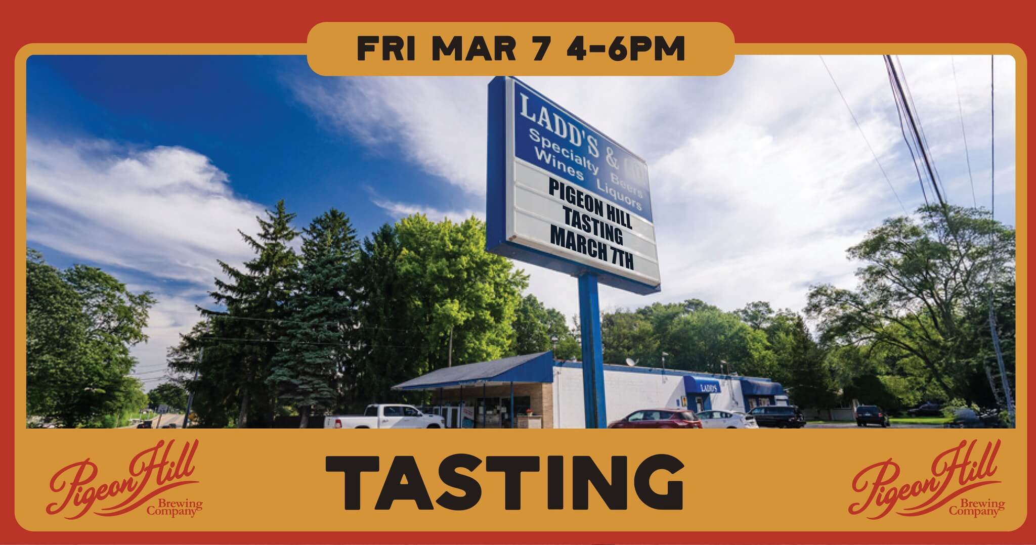 Banner advertising beer sampling at Ladd's in Norton Shores