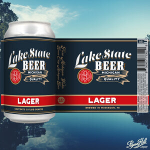 Can of Pigeon Hill's Lake State Lager showing the full can label