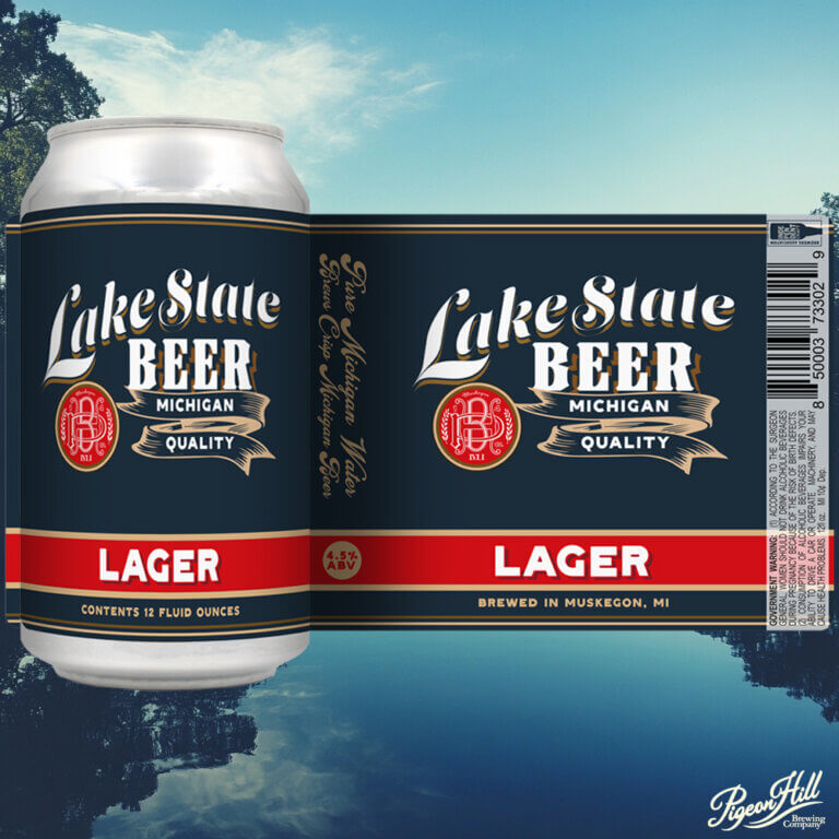 Can of Pigeon Hill's Lake State Lager showing the full can label