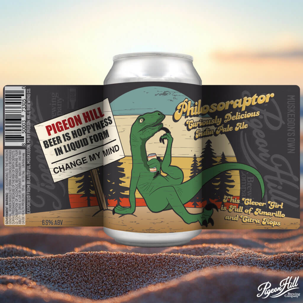 Expanded can label for Pigeon Hill's Philosoraptor IPA