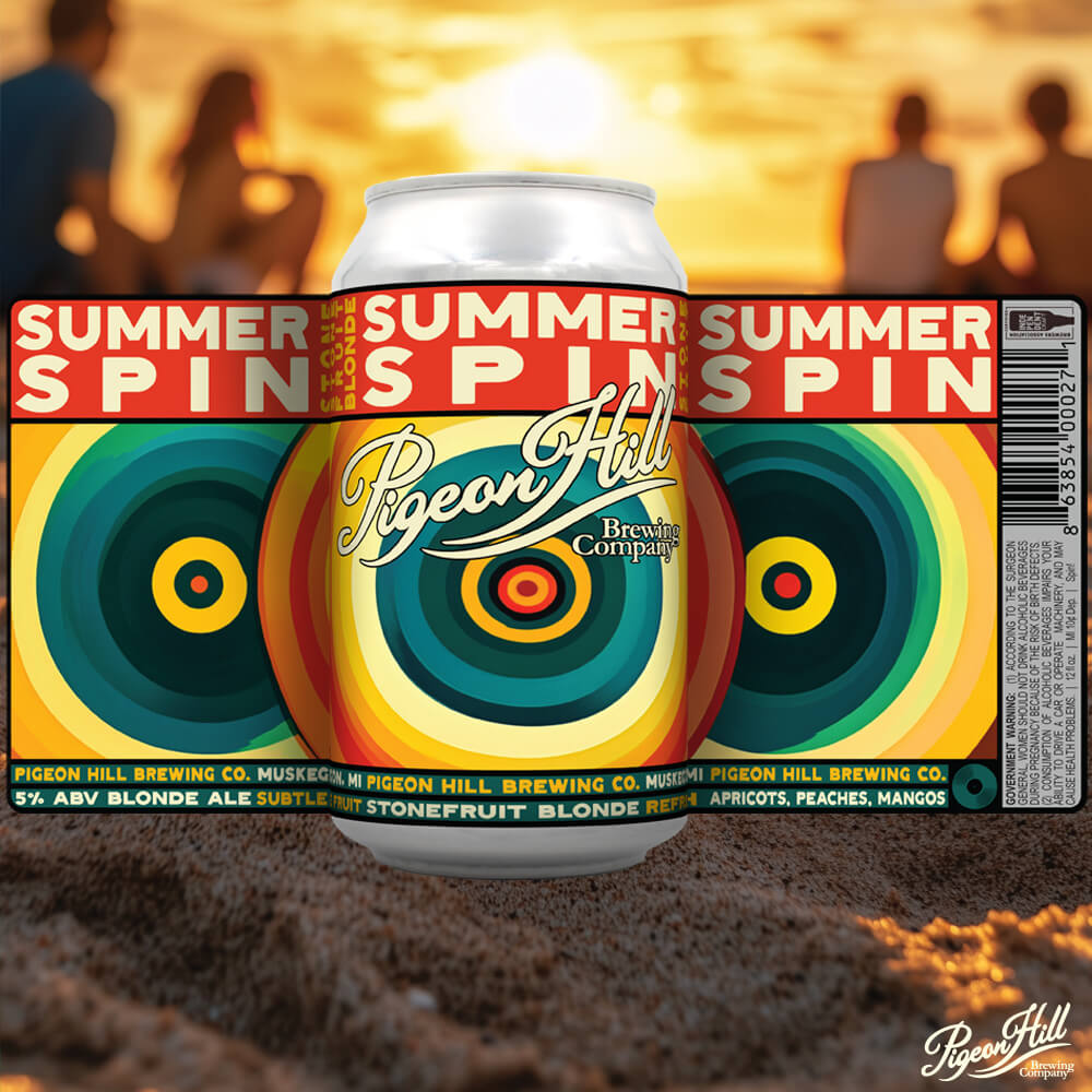 Can of Pigeon Hill's Summer Spin Stonefruit Blonde Ale showing the full label.