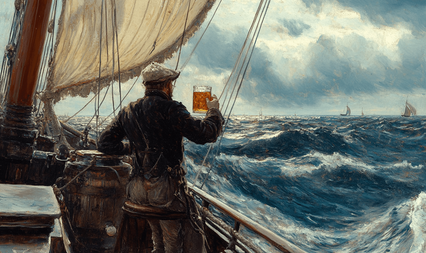 1700s style painting of a sailor on the open sea enjoying a tankard of India pale ale