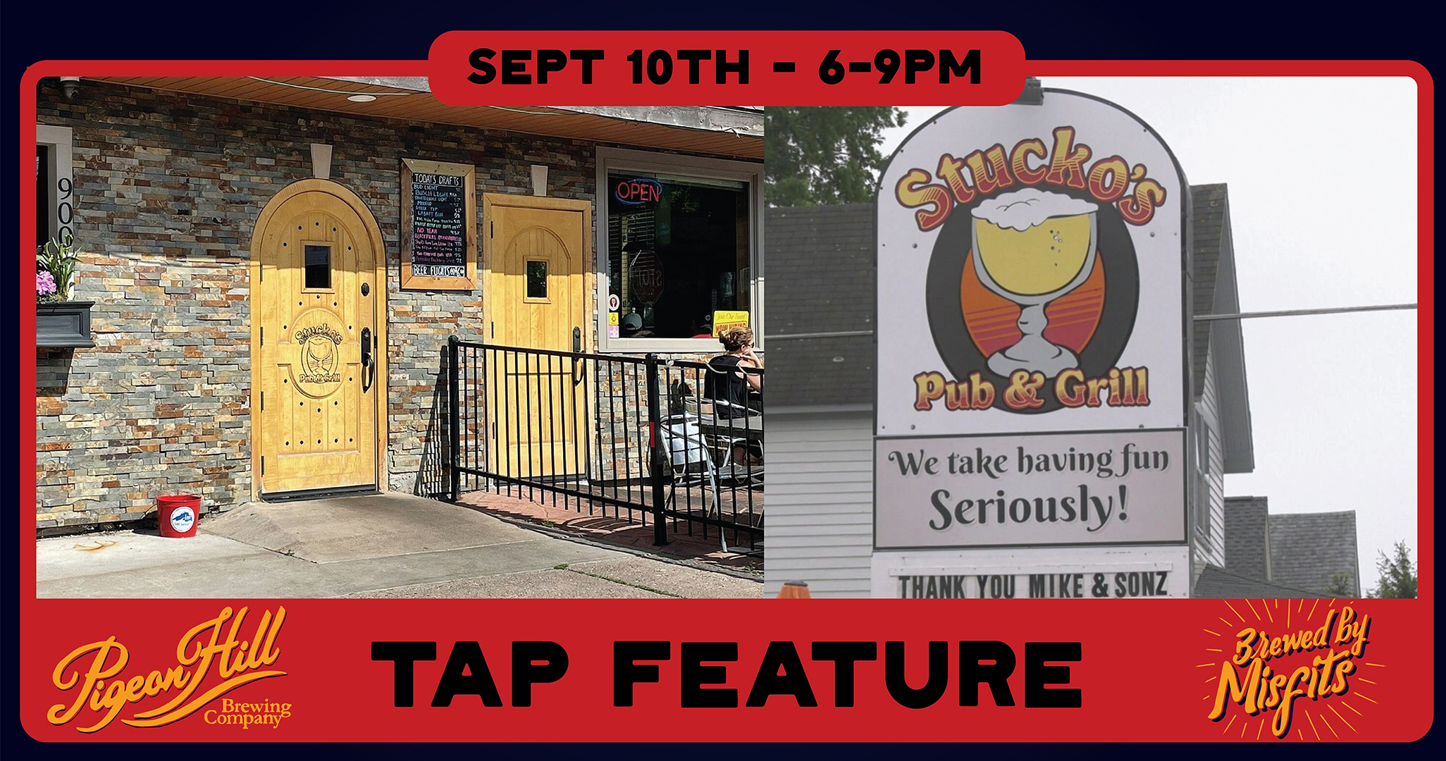 Banner advertising the Pigeon Hill tap feature at Stucko's in Marquette