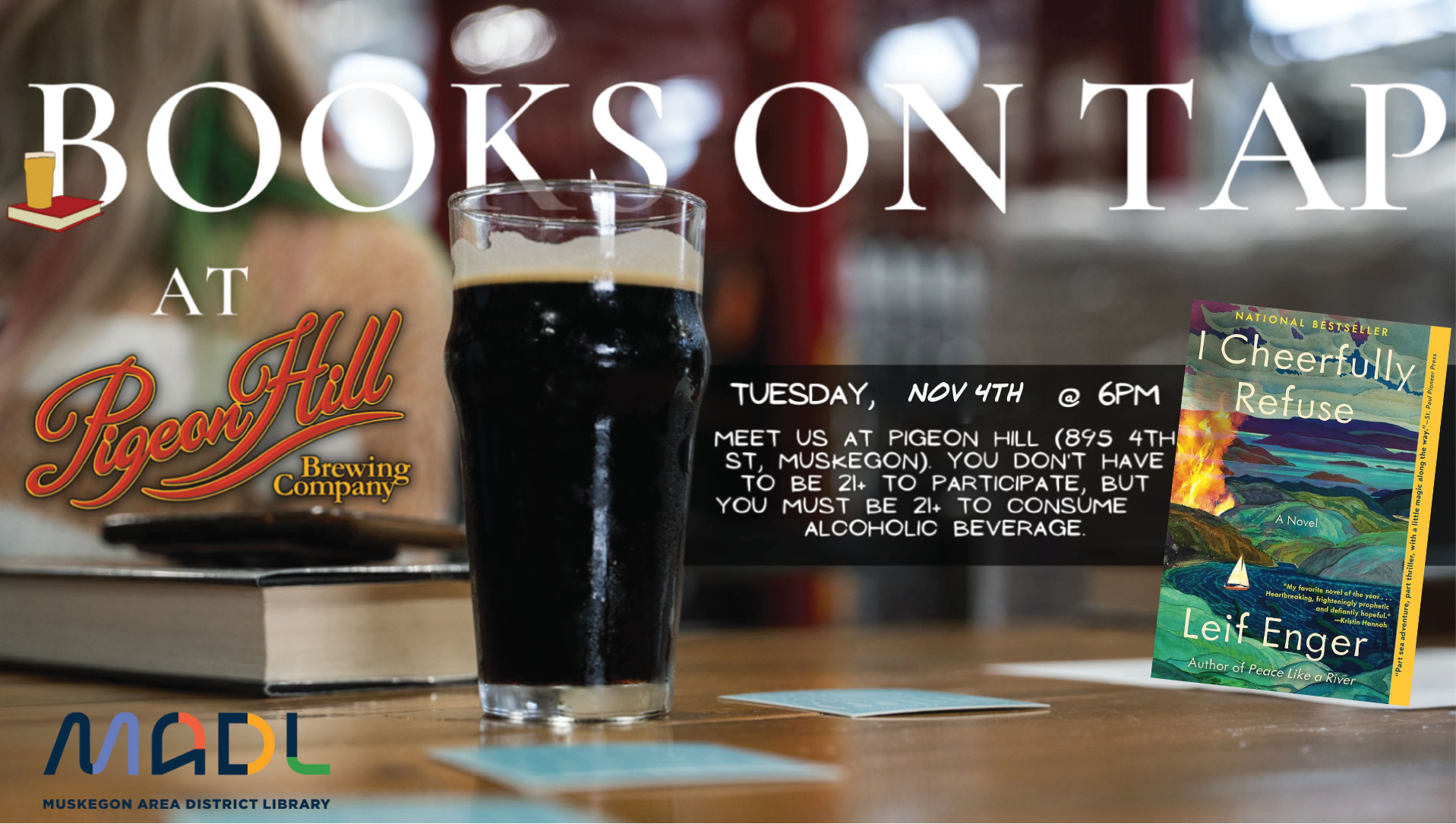 Banner for November Book Club at Pigeon hill featuring I Cheerfully Refuse by Leif Enger