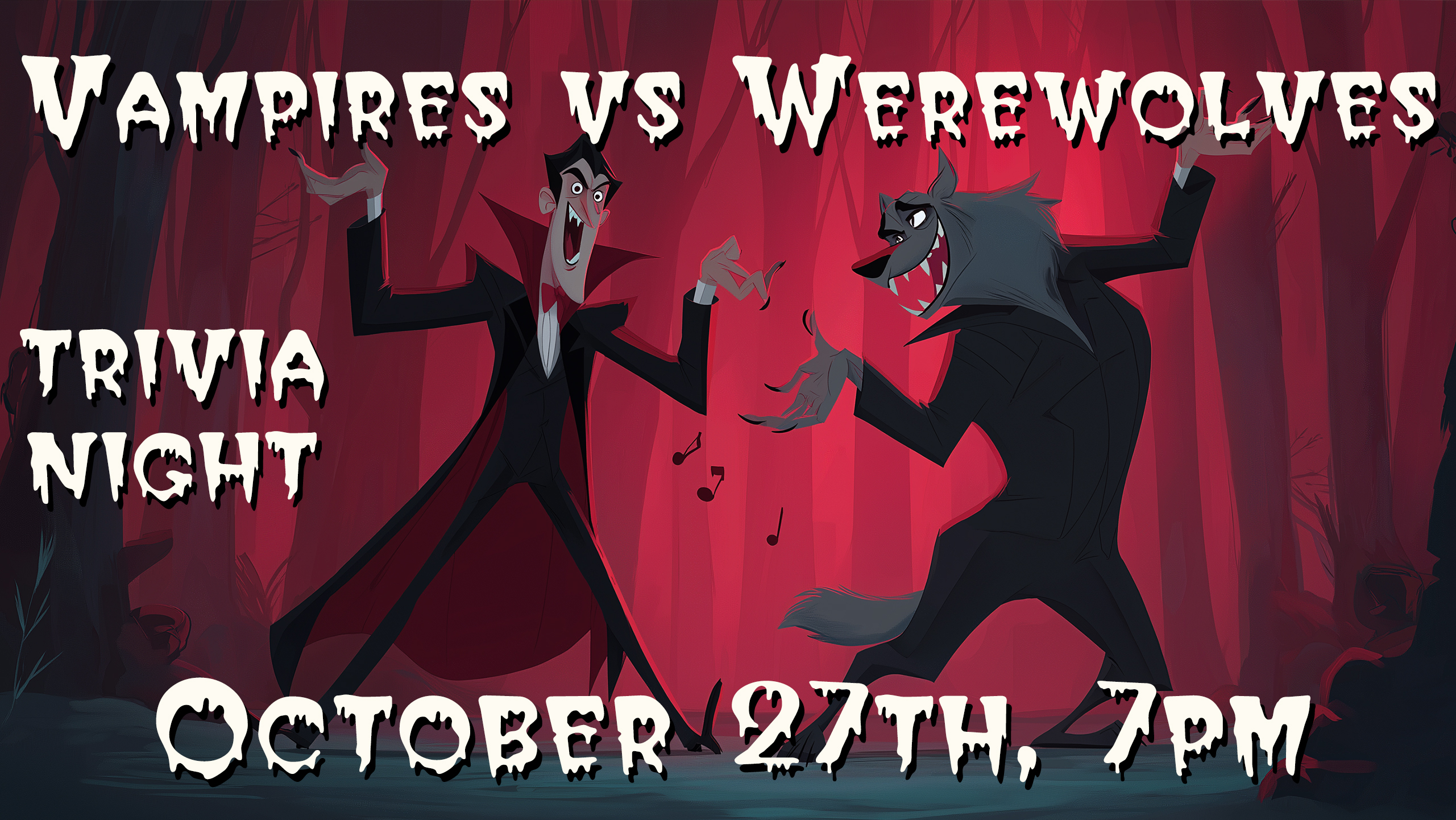 Trivia Night banner - topic is vampires vs werewolves.