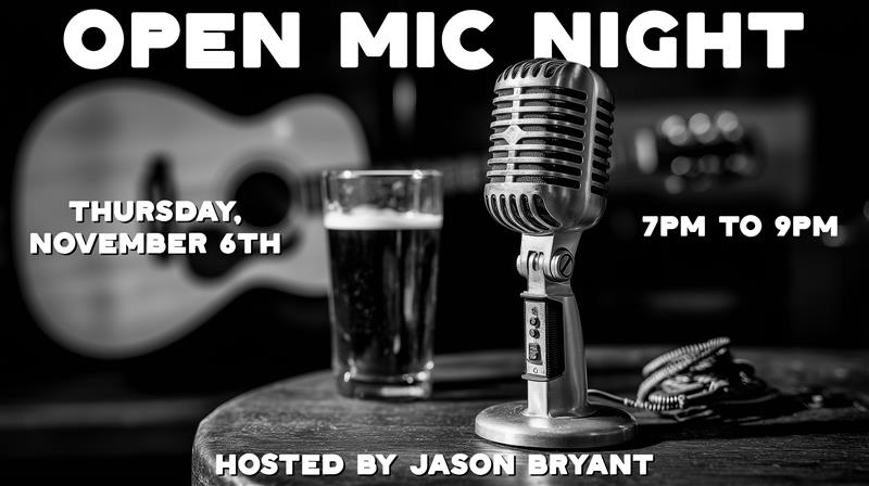 Banner advertising Open Mic night at Pigeon Hill Brewer's Lounge in Muskegon