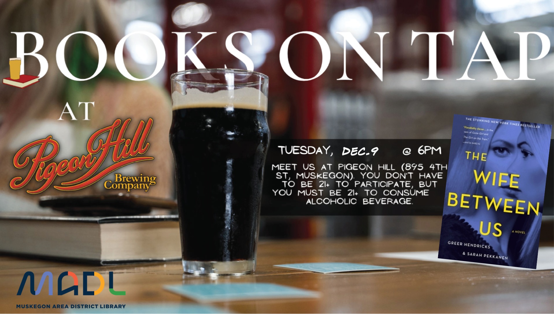 Banner advertising December Book Club at Pigeon Hill in Muskegon