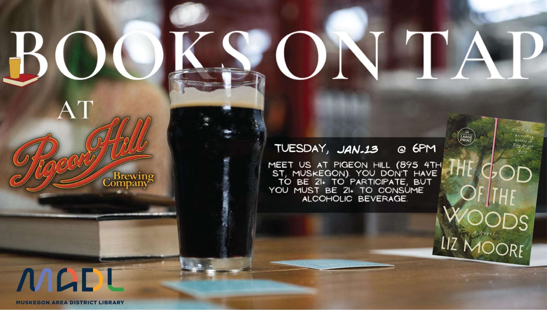 Banner advertising January Book Club at Pigeon Hill in Muskegon.