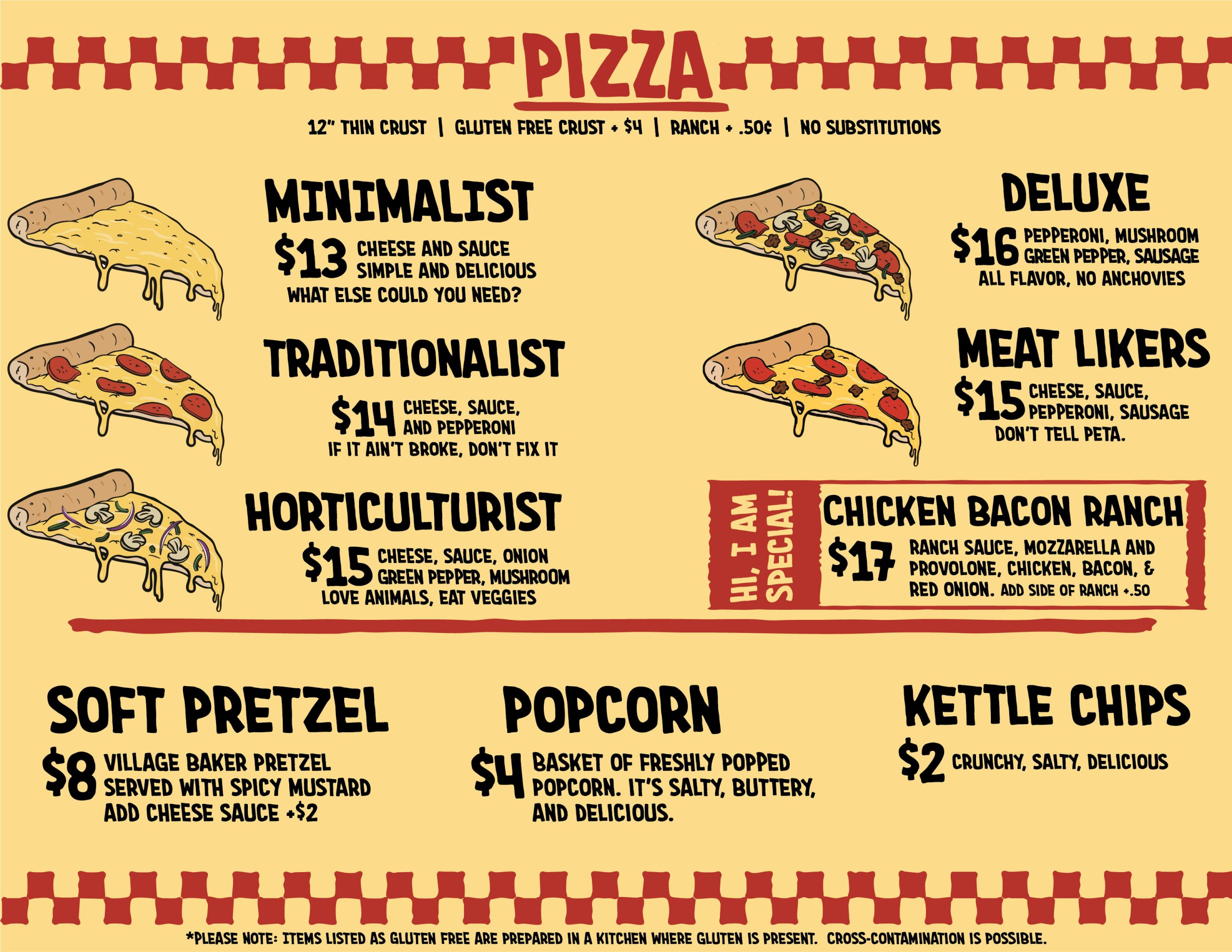 The Brewer's Lounge Food menu, featuring pizza, pretzels, and popcorn.