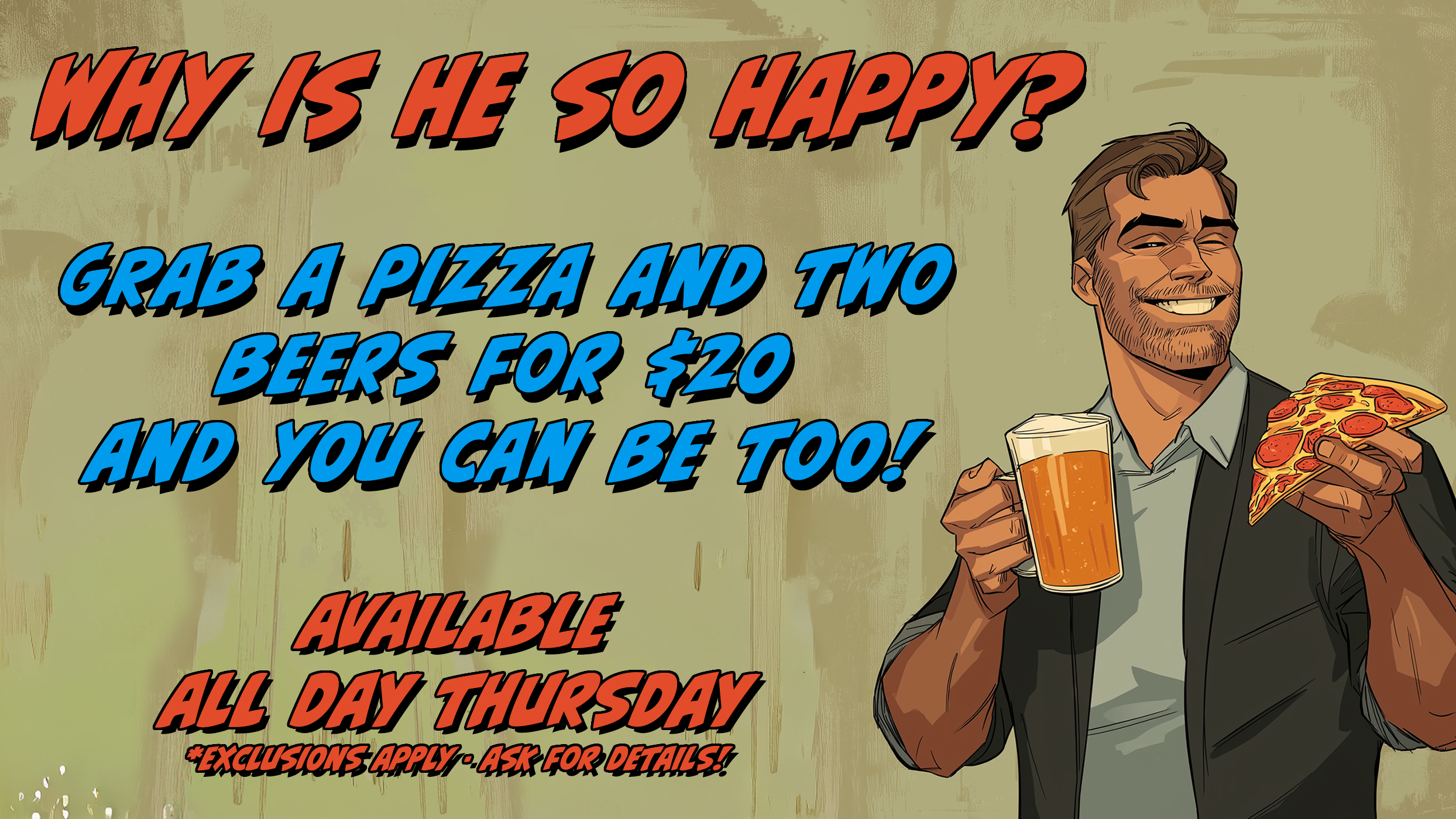 Banner advertising Thursday Beer and Pizza Special for $20 at Pigeon Hill in Muskegon