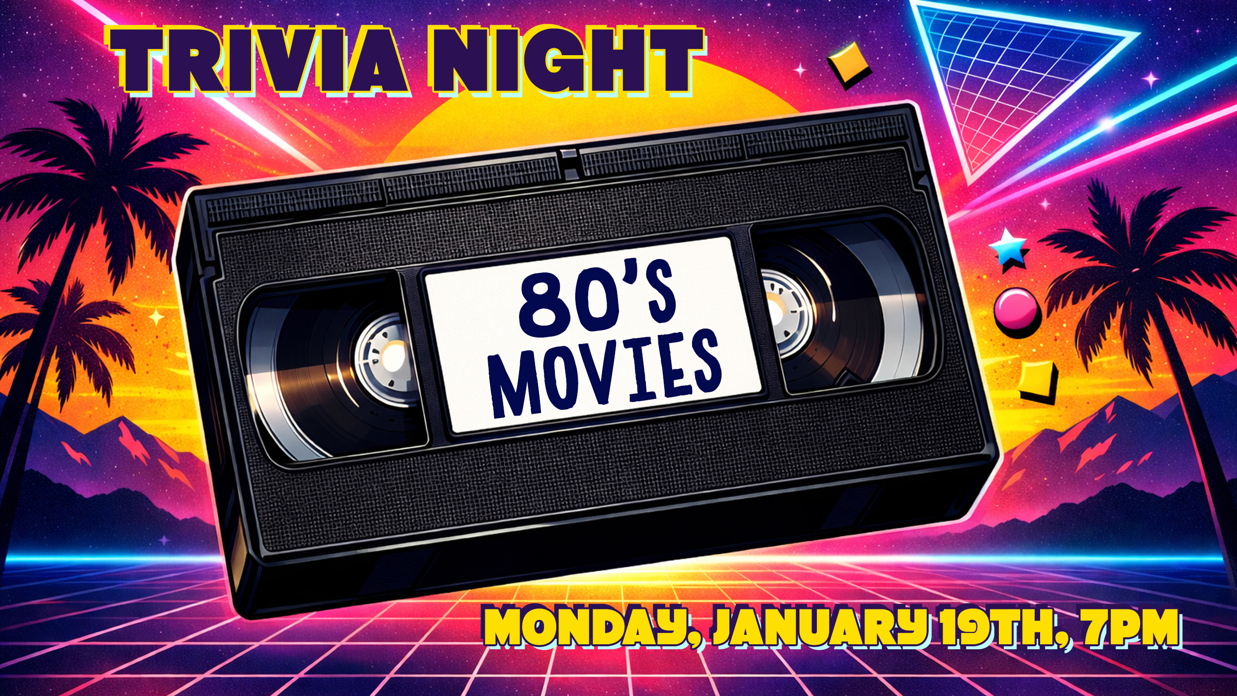 Banner advertising 80's movies trivia night at Pigeon Hill in Muskegon on January 19