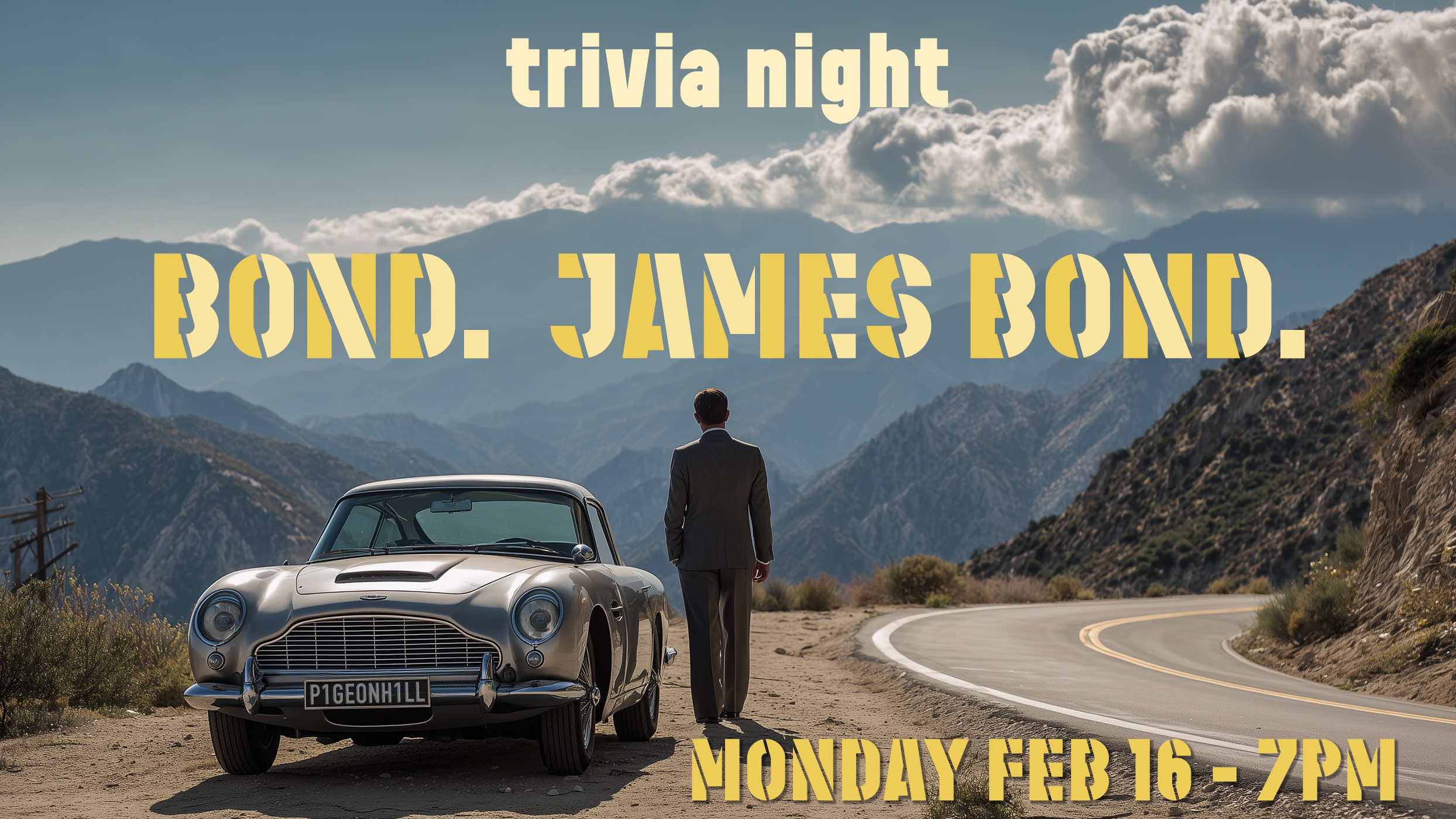 Banner advertising James Bond Monday night trivia in Muskegon at Pigeon Hill Brewing.