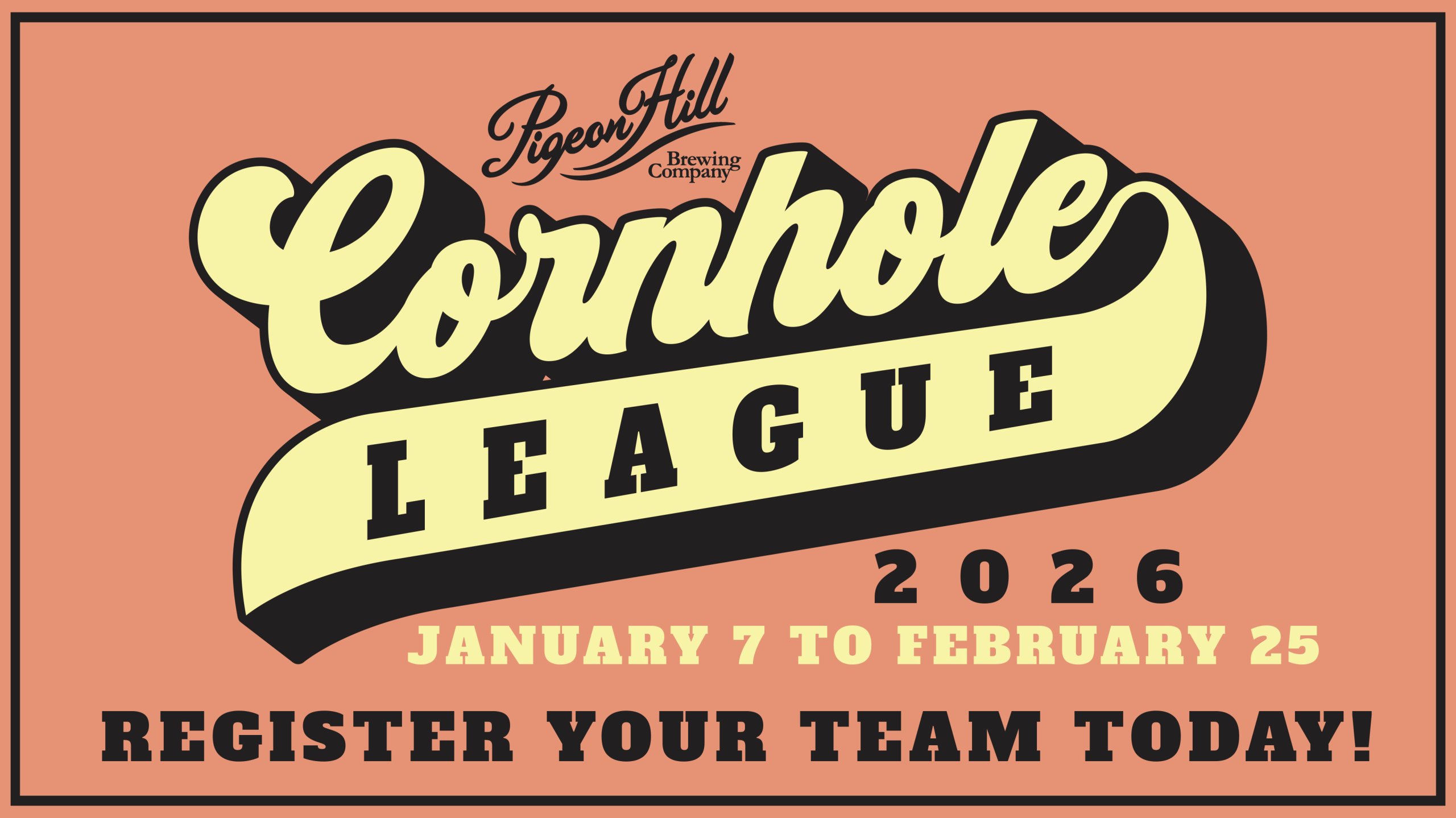 Banner advertising cornhole league at Pigeon Hill in Muskegon winter session