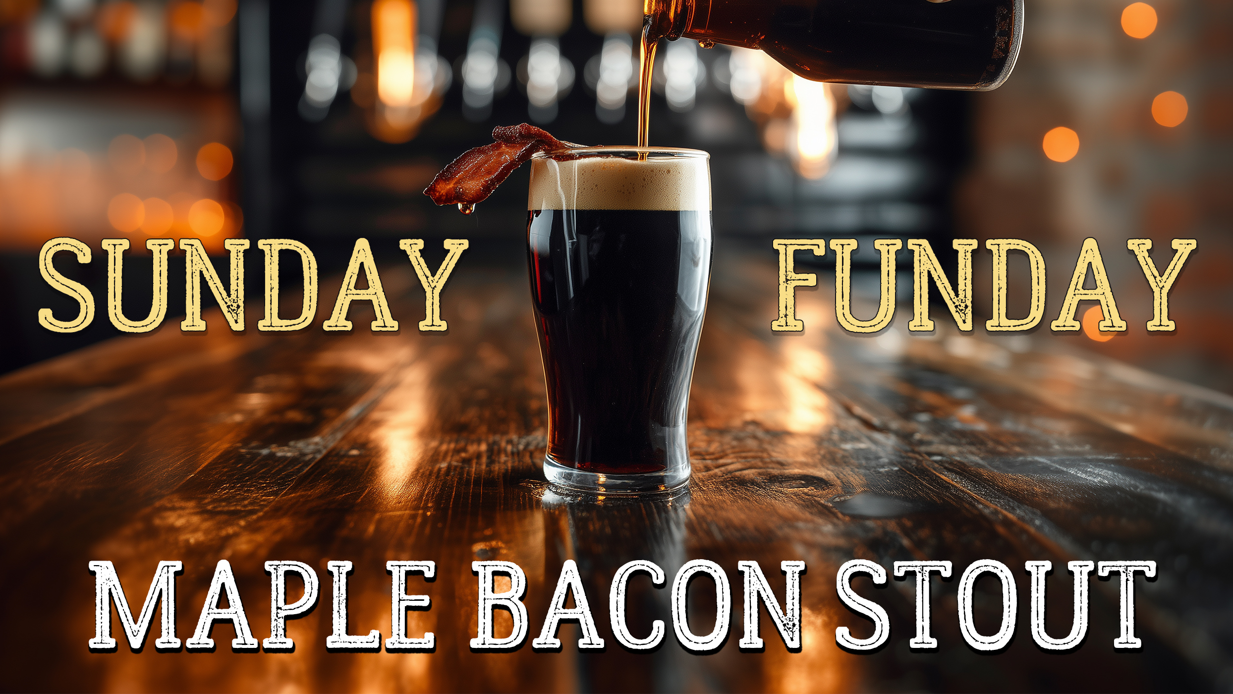 Banner advertising Sunday Funday craft beer Maple Bacon Stout at Pigeon Hill Muskegon