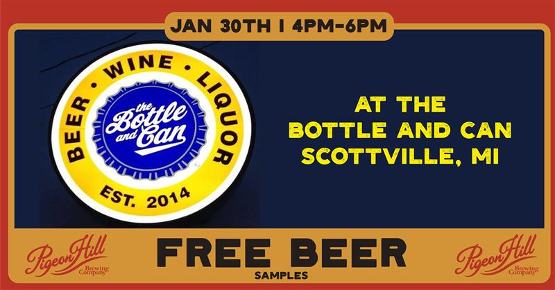 Banner advertising Pigeon Hill beer sampling event at Bottle & Can in Scottville
