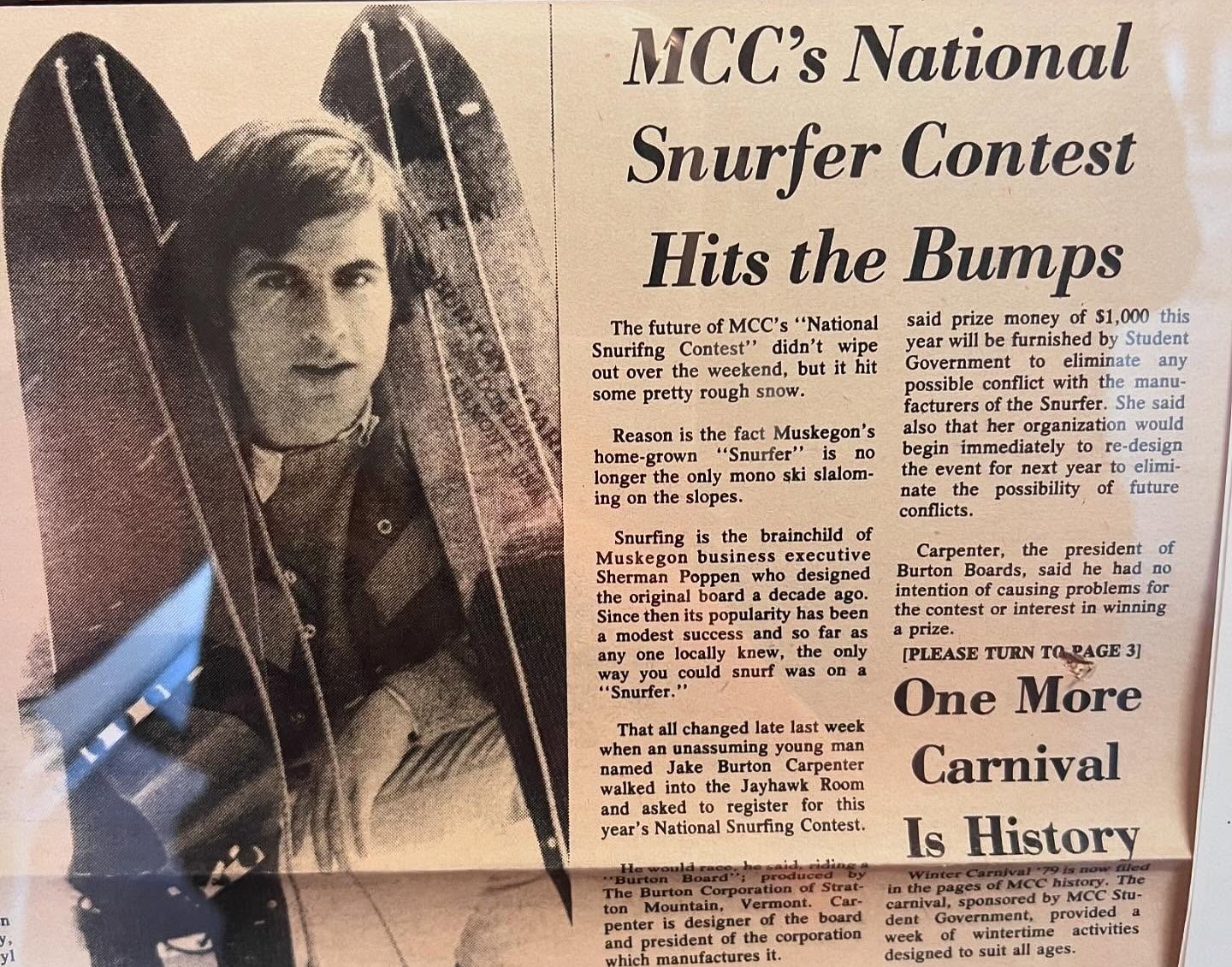 News article about Jake Burton winning a snurfer contest in Muskegon