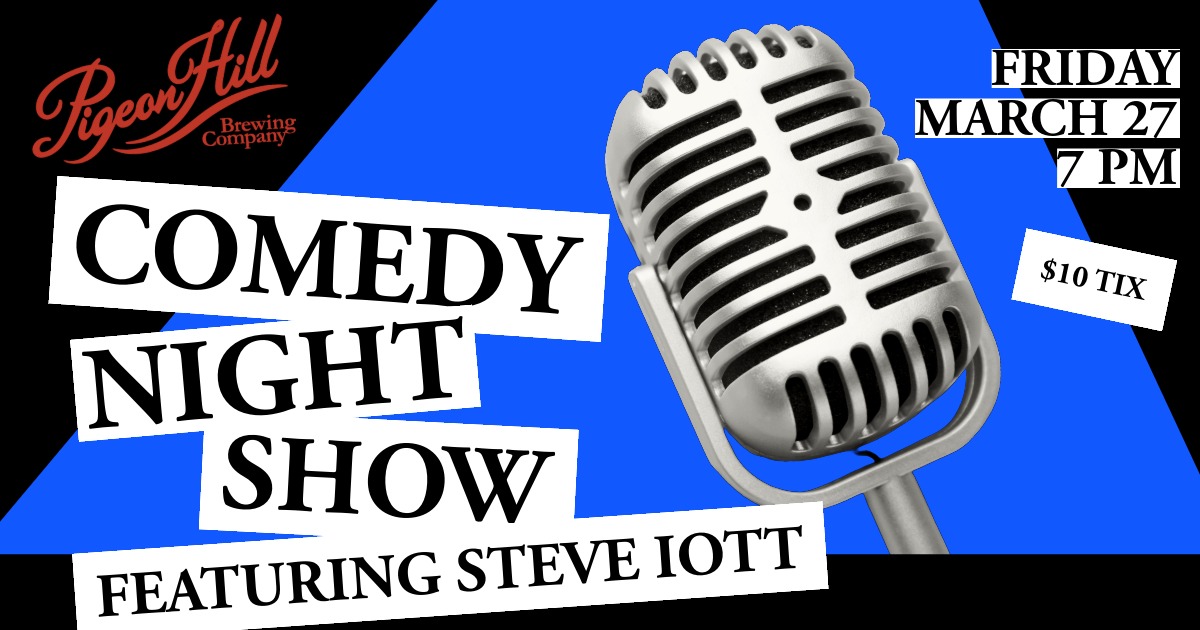 Banner advertising comedy night at Pigeon Hill Brewing in Muskegon March 27