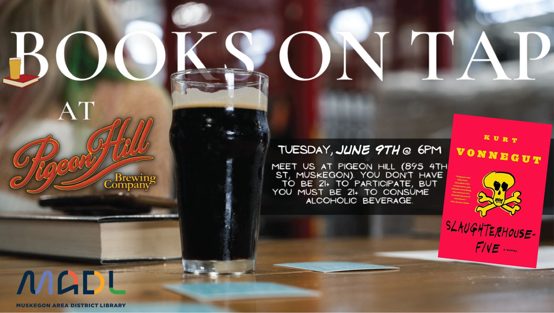 Banner advertising Books on Tap book club at Pigeon Hill in Muskegon in collaboration with Muskegon Area District Library