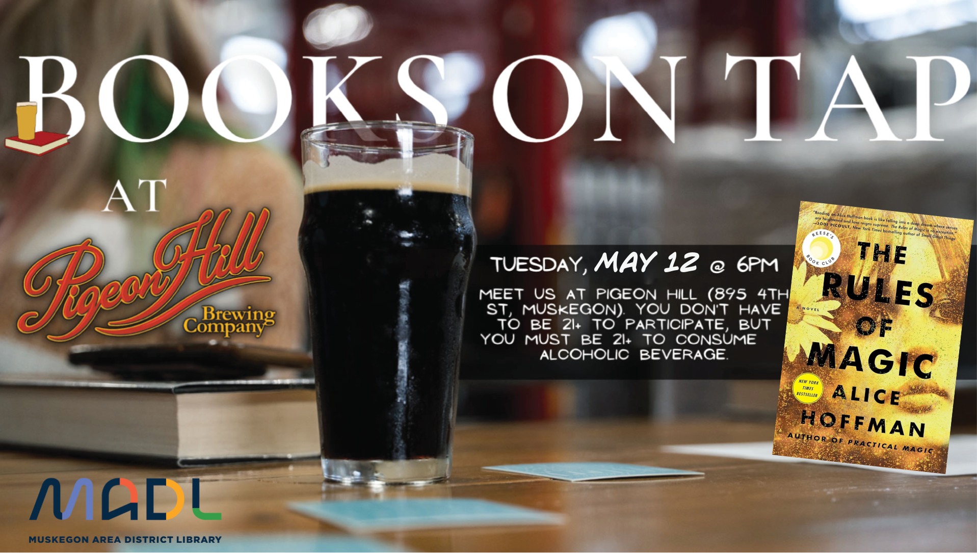 Banner advertising May Books on Tap book club at Pigeon Hill in Muskegon