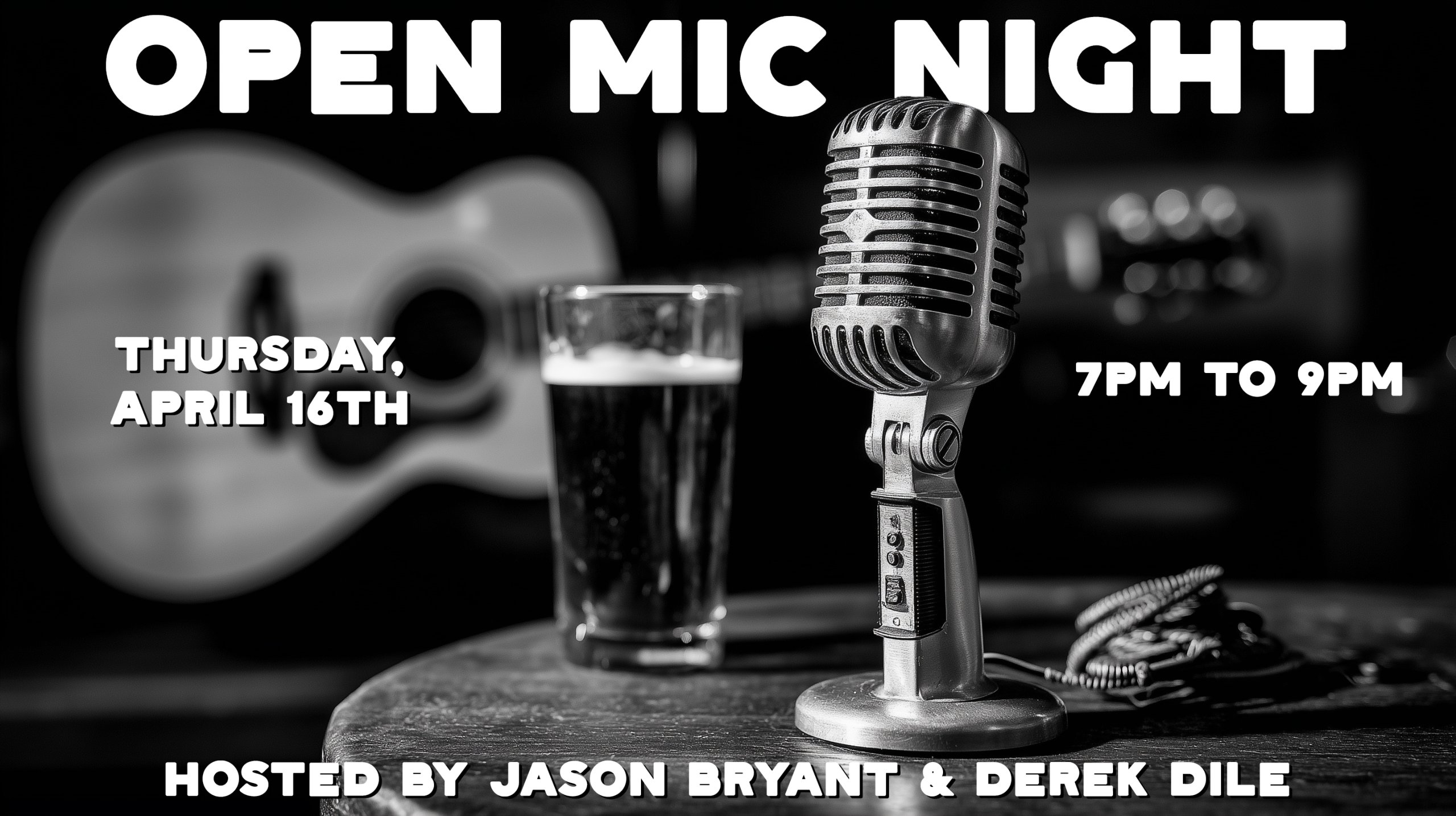 Banner advertising Open Mic Night in Muskegon at Pigeon Hill Brewing Company