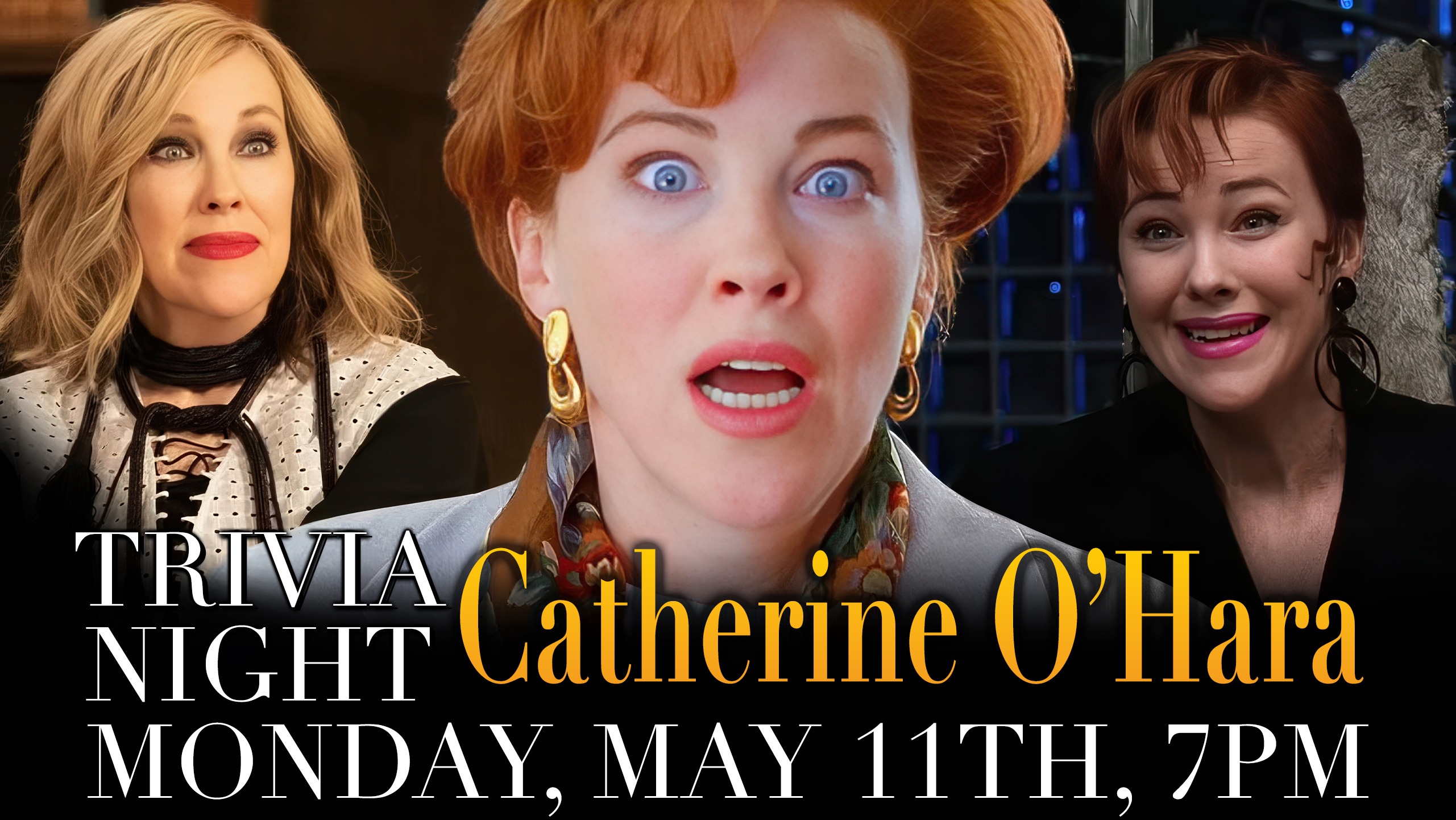 Banner advertising catherine o'hara trivia night at Pigeon Hill Brewing in Muskegon on May 11
