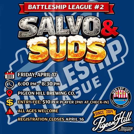 poster advertising Battleship board game tournament at Pigeon Hill in Muskegon to benefit the USS LST 393 Battleship