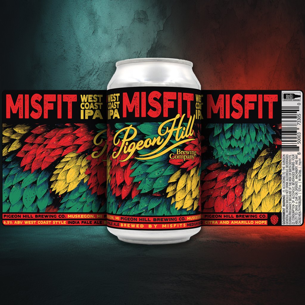 Photograph of a can of Misfit IPA, a west coast ipa, from Pigeon Hill in Muskegon, Michigan showing the full beer can label