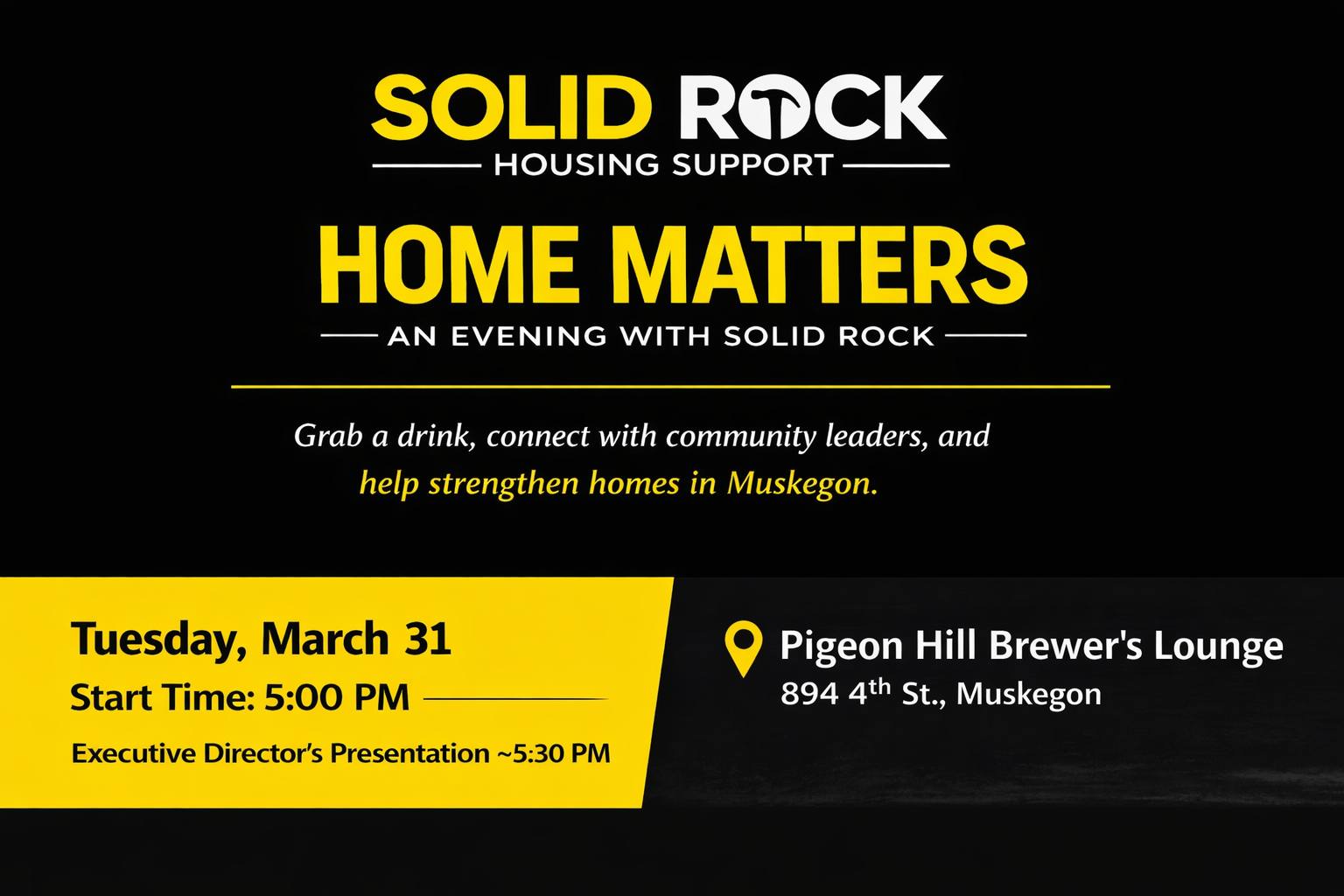 Banner advertising Solid Rock Housing Support community info night at Pigeon Hill Brewing in Muskegon.