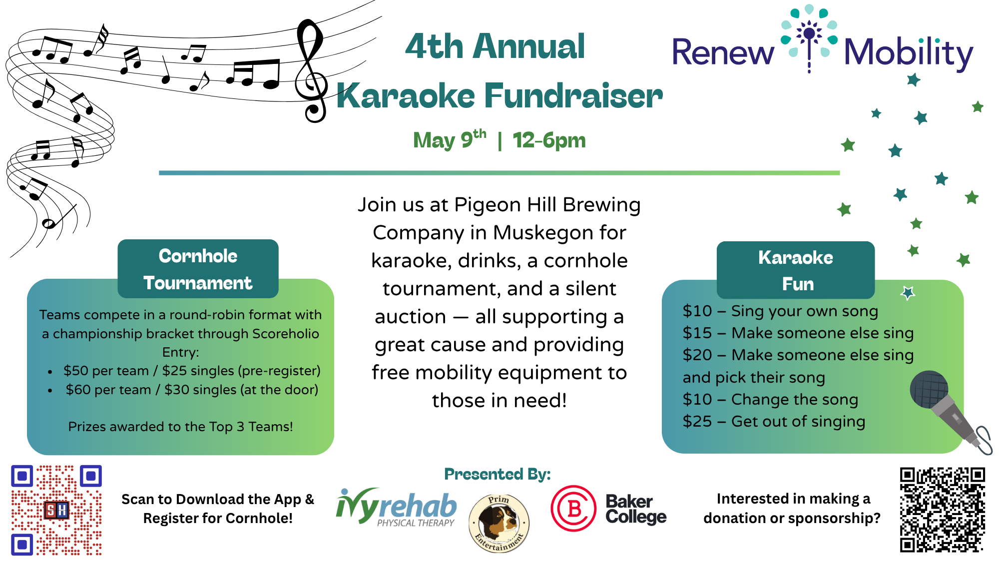 Image advertising Renew Mobility Karaoke & Cornhole Fundraiser at Pigeon Hill in Muskegon on May 9