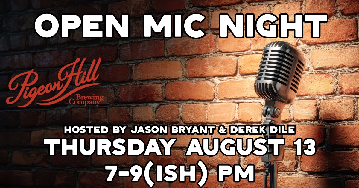 Banner advertising open mic night at Pigeon Hill in Muskegon on Thursday August 13